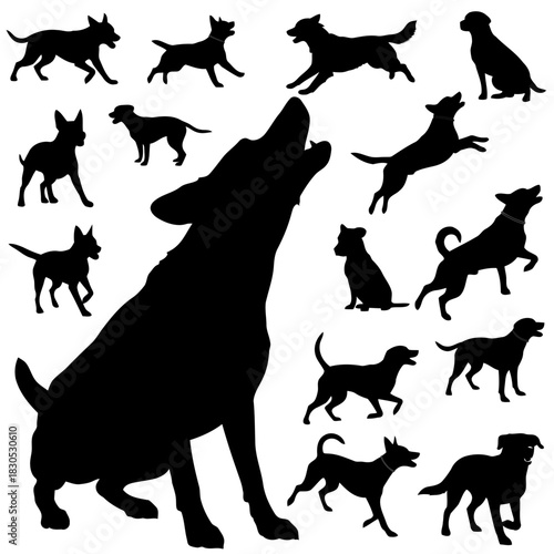 Silhouettes of various dogs in different poses and activities, including running, sitting, and howling, isolated on