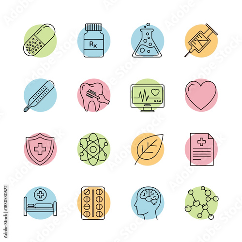 Set of medical icons including pills, syringe, heart, tooth, and more isolated on