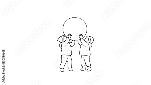 Two children holding a large round object in winter attire for New Year, Christmas  