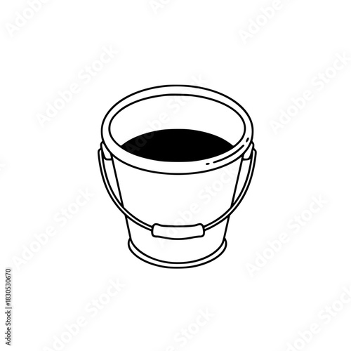 Black bucket filled with liquid on white background  