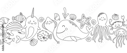 Seamless border with sea creatures and shells in doodle style. Horizontal pattern with ocean characters 