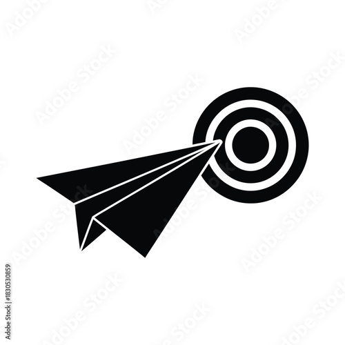 Paper airplane launching to a target goal vector icon, Paper plane flying towards target symbol