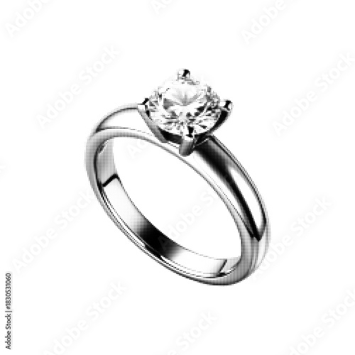 Vintage halftone illustration of a diamond engagement ring isolated on white, symbolizing love, marriage, luxury and commitment.