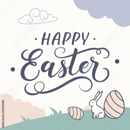 Happy Easter Vector Lettering with Pastel Bunny, Eggs, and Floral Vine Border