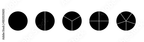 vorona-25042025-224 копияCircle division on 1, 2, 3, 4, 5 equal parts. Black wheel round divided diagrams from one to five segments. Set of black infographic minimalist icons. Coaching blank mockup.