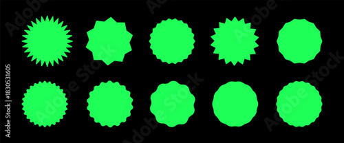 Neon green circle sticker set on black background. Star burst shape tags for price, shop. Wavy edge promo black badges. Flat vintage green labels. Blank sale stickers collection, simple silhouette.