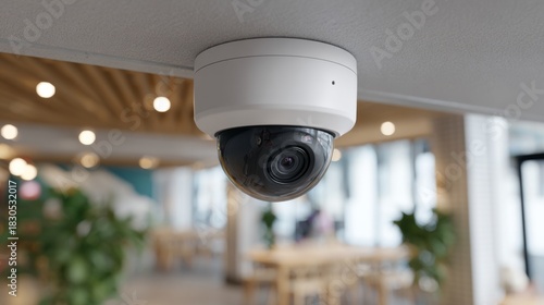 Modern surveillance camera installed in a stylish office environment.