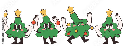 Christmas tree mascots. Various cute groovy emoticon. Retro style vector illustration.	