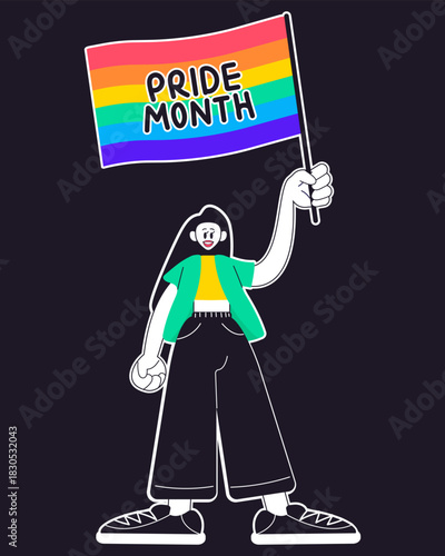 Cheerful character with rainbow flag. Pride month concept. LGBT sticker. Modern isolated vector illustration.	
