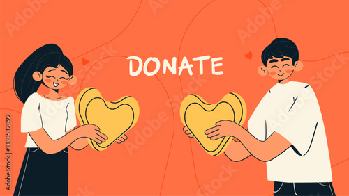 Donation and charity concept banner. Smiling people holding heart shaped coins. Isolated vector illustration.	