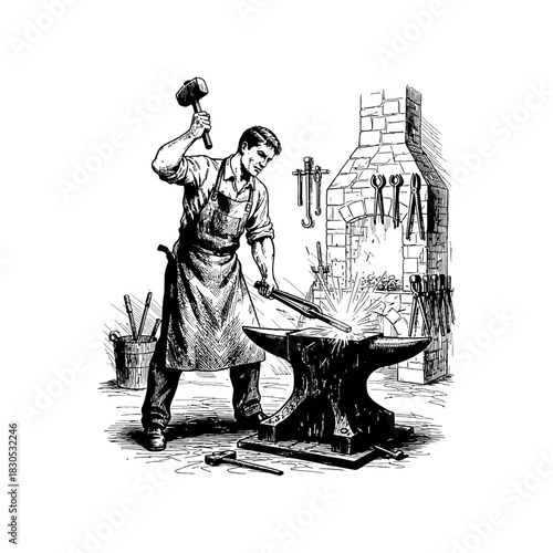 Classic Engraving of Blacksmith Forging Iron on Anvil — Vintage Engraving Style.