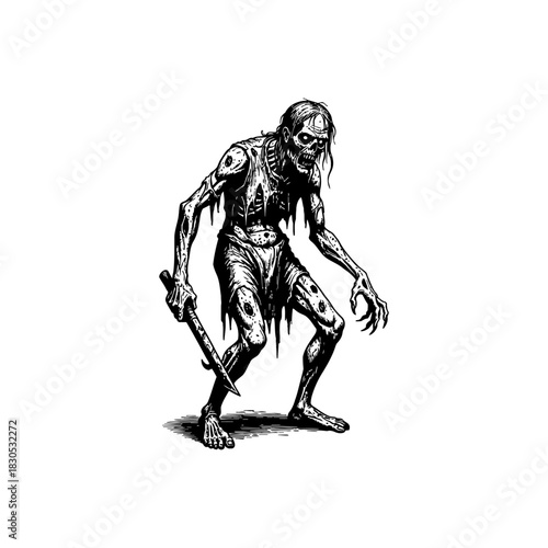Creepy Zombie Creature - Vintage Engraving Style.