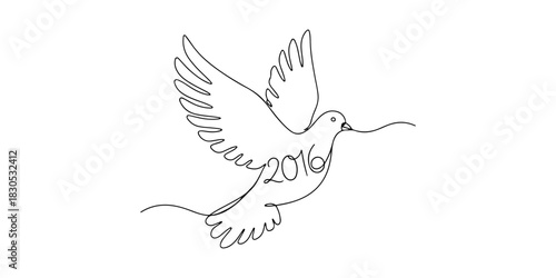 Continuous one line of a dove flying with the number 2016, a symbol of peace for the new year, a celebration theme, hand drawn vector illustration.