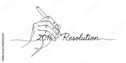 Continuous one line of a hand writing 2016 resolutions, celebration theme, hand drawn vector illustration.