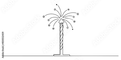 Continuous one line of a new year fireworks pole, celebration theme, hand drawn vector illustration.