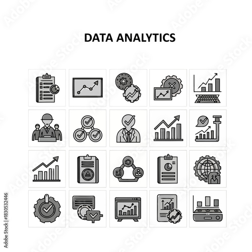 Data analytics icons set with charts, graphs, and business analytics symbols for data visualization and business intelligence