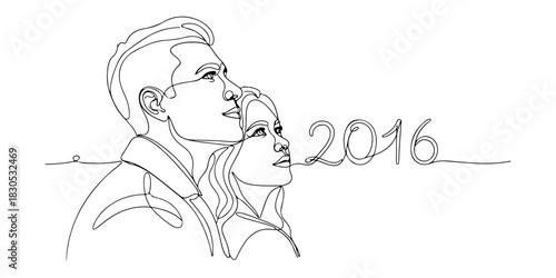 Continuous one line of a couple enjoying new year's eve 2016, celebration theme, hand drawn vector illustration.