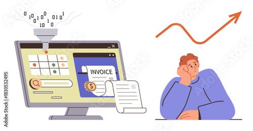 Automated invoice generation on a monitor, data funneling into software, financial document output. Ideal for finance, automation, innovation, efficiency, digitalization growth analytics. A simple