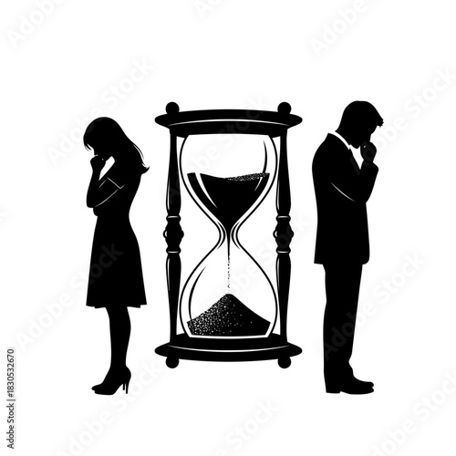 Silhouette of a man and woman standing on opposite sides of an hourglass, symbolizing time and separation