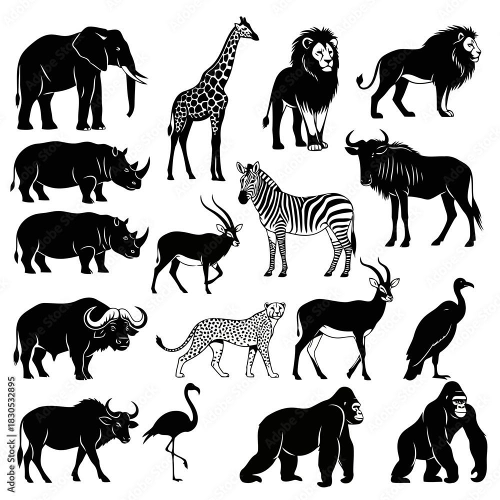Naklejka premium Collection of various wild animals including elephants, giraffes, lions, rhinos, zebras, and more, illustrated in black and white