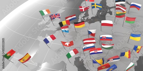 Europe - countries' borders and flags - 3D illustration