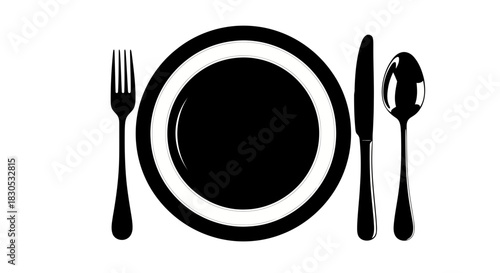 Black and white illustration of a plate with a fork and knife on either side, representing a meal setting