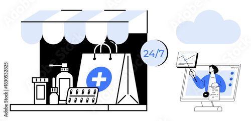 Online pharmacy concept. Online pharmacy ensures convenient medicine delivery through 247 service and digital healthcare consultation solutions. For telemedicine, e-commerce, healthcare innovation