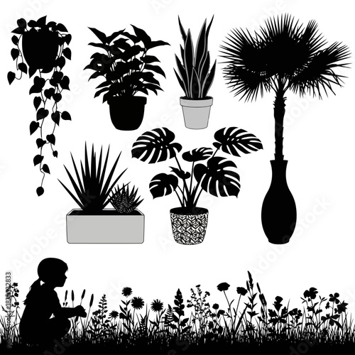 Black and white illustration of various potted plants and flowers with a silhouette of a person tending to them on isolated