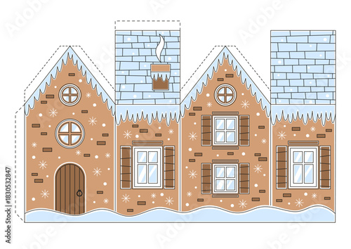 Papercraft, preschool worksheet activity. Paper Christmas house, game for kids. Cut and glue. Vector illustration for Christmas decor. 
