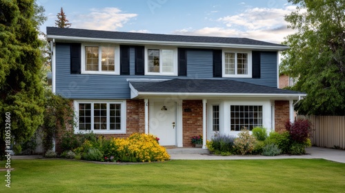 A charming two-story blue house with a well-kept garden, showcasing vibrant flowers and lush green lawn under a clear sky.