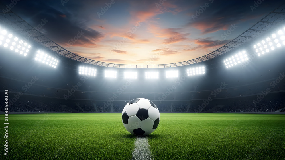 Naklejka premium Soccer ball on field in stadium under dramatic sky with bright lights