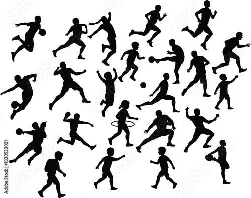 Black vector set of football players and runners silhouettes illustration for sport competition action
