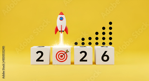 Rocket launching above 2026 cubes with target icon and growth graph on yellow background, symbolizing business startup, creative market, innovation strategy, new year goals, and future success.