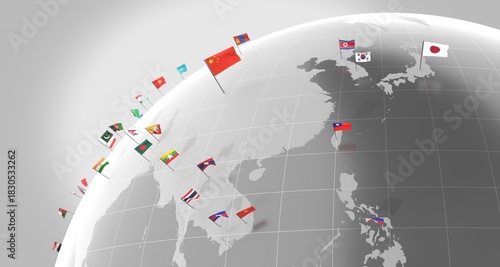 Asia - countries' borders and flags - 3D illustration