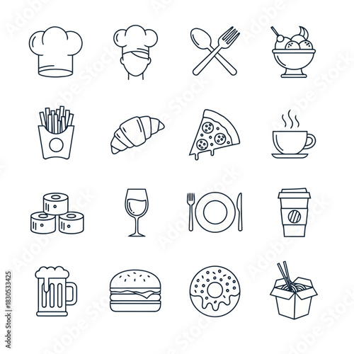 Set of food and drink icons including chef hat, croissant, pizza, coffee, burger, and more
