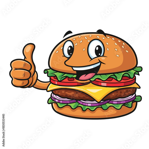 Happy cartoon burger with lettuce, tomato, and cheese giving a thumbsup gesture, isolated on