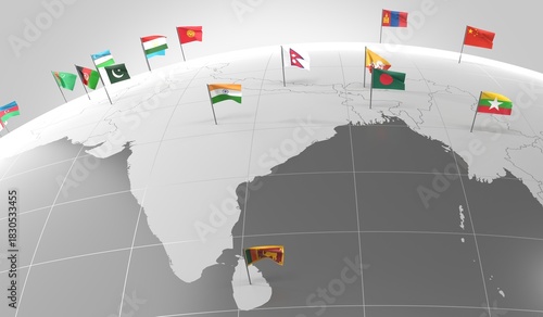 Asia - countries' borders and flags - 3D illustration