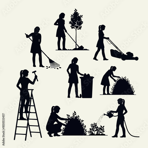 Silhouettes of people engaged in various gardening and yard work activities, including mowing, raking, planting, and watering
