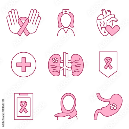 Vector linear color pink icons. Medicine, fight against cancer