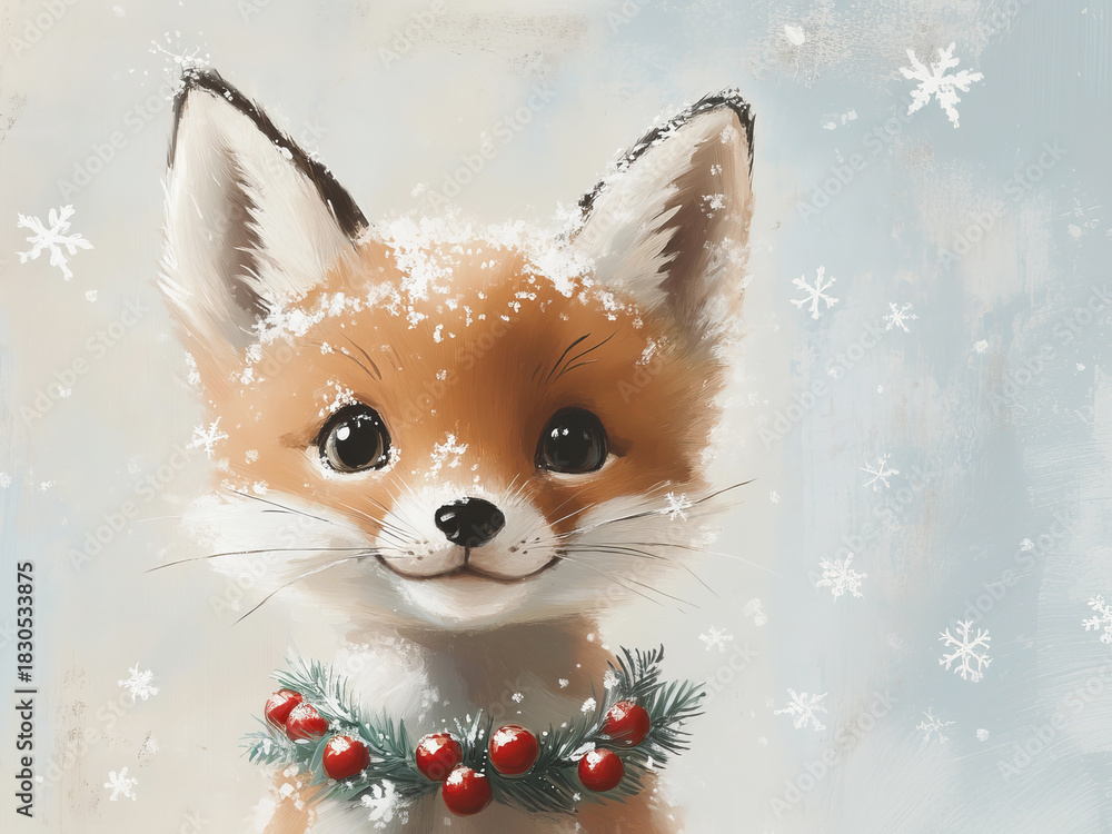 Fototapeta premium Vintage Christmas Cute Fox with Christmas Wreath Print