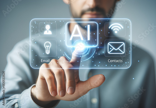 businessman touching virtual holo AI screen