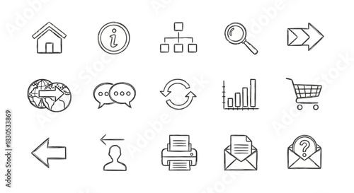 Set of icons representing various concepts such as home, finance, search, communication, and shopping