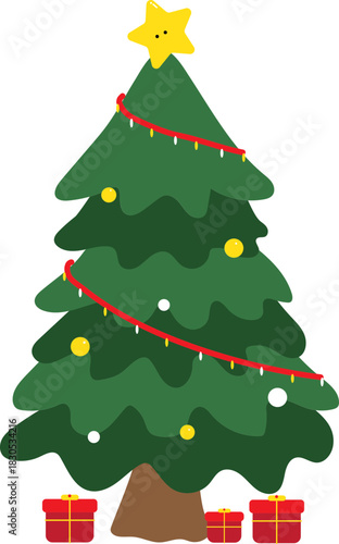 A vibrant cartoon illustration of three stylized evergreen Christmas trees with varying shades of green foliage and brown trunks, with white snow-like accents on their branches.