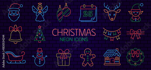 Christmas neon icons set. Retro festive vector illustration with holiday symbols: Santa Claus, angel, baubles, calendar, deer, elf, bell, Christmas tree, garlands, sleigh, snowman etc.