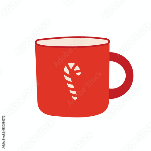 Red Christmas mug with candy cane symbol. Simple festive winter cup in flat vector style. Holiday drink illustration isolated on white background.