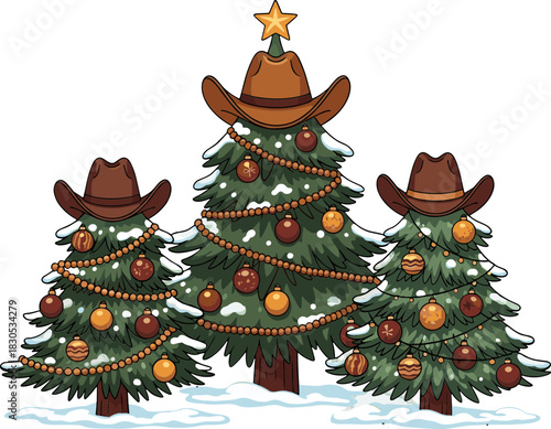 A vibrant cartoon illustration of three stylized evergreen Christmas trees with varying shades of green foliage and brown trunks, with white snow-like accents on their branches.