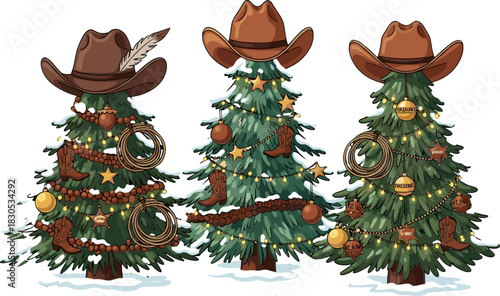 A vibrant cartoon illustration of three stylized evergreen Christmas trees with varying shades of green foliage and brown trunks, with white snow-like accents on their branches.