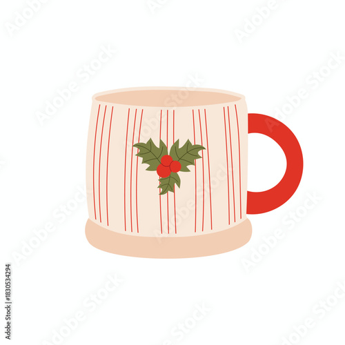 Holiday mug decorated with holly leaves and berries. Festive Christmas cup in flat vector style. Warm winter drink illustration on white background.