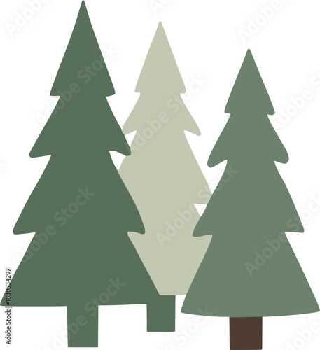 A vibrant cartoon illustration of three stylized evergreen Christmas trees with varying shades of green foliage and brown trunks, with white snow-like accents on their branches.