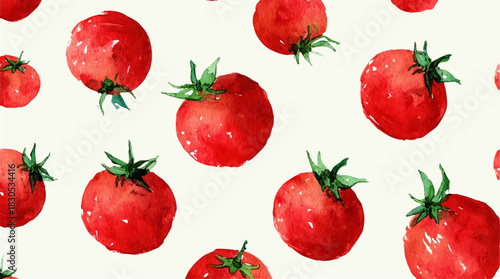 Watercolor Italian tomato pattern with Mediterranean tile ornament. Summer food illustration featuring vibrant tomatoes, perfect for poster prints, cards, or decorative backgrounds.